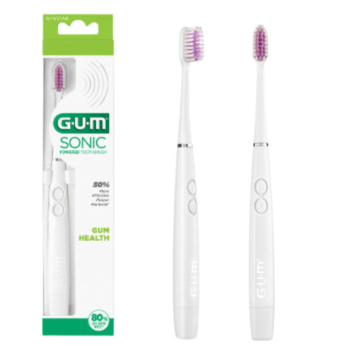 1PK GUM Sonic Power Toothbrush, White Handle, Soft Bristles 