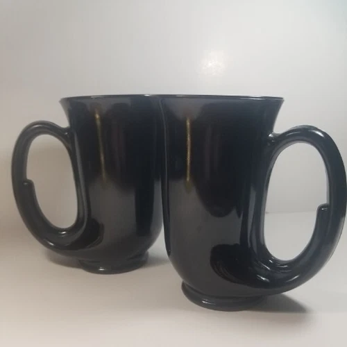 Vintage Tiara Indiana Glass Black Set of 2 Mugs Heavy Hunter Horn Tankards