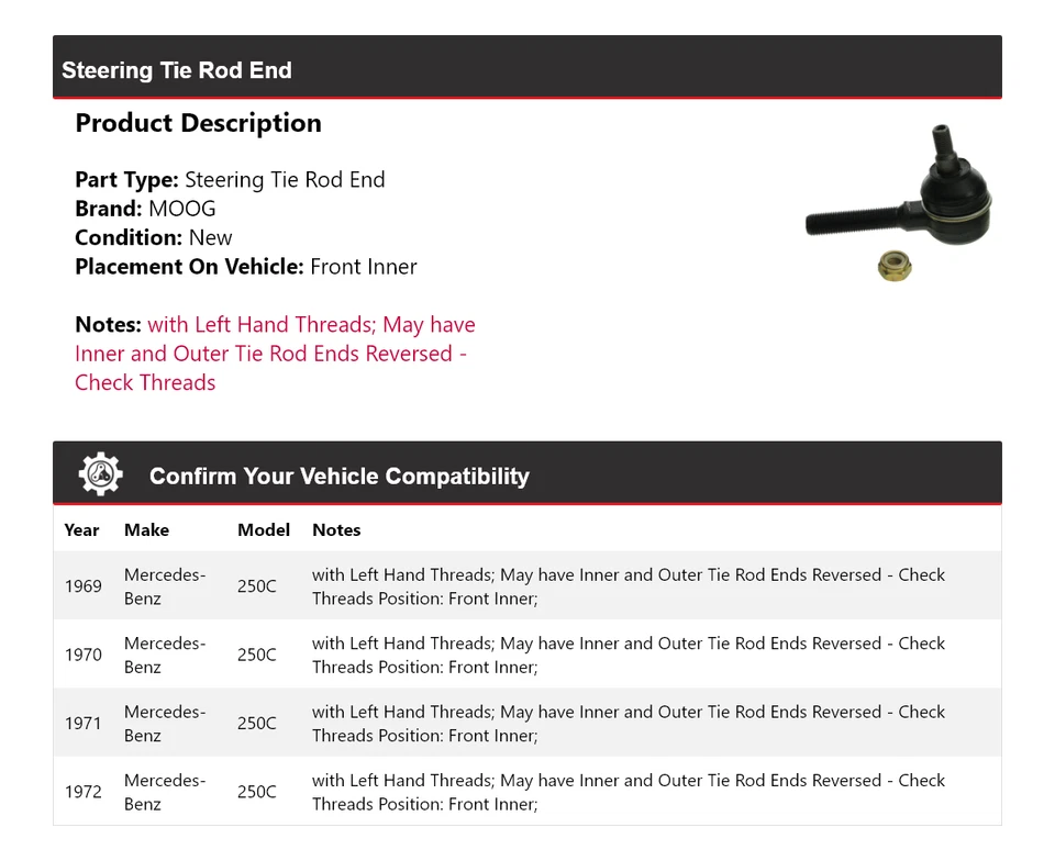 Para 1969-1972 Mercedes-Benz 250C extremidade da haste de direção dianteira interna MOOG 1969 1970 - Imagem 2 de 4