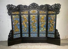 103.2" Old Chinese Padauk Red sandalwood Wood Cloisonne 5 Dragon Screen Statue