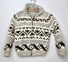 Vtg Hand knitted Wool Cowichan Zip Up Sweater Cardigan Jacket Kids Heavyweight