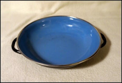 Vintage MCM Blue Enamel over Metal Two Handle Dish/Bowl #A2757