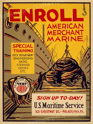 Sign Up for American Merchant Marine! 1942 Vintage WW2 Poster -18x24