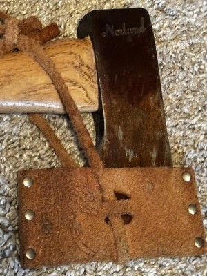 Vintage Norlund Hudson Bay Axe, Tomahawk Hatchet + Sheath, Native In Canoe N.O.S