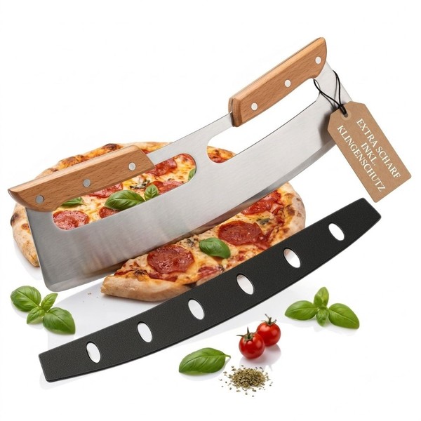 Pizzaschneider Wiegemesser 31Cm Edelstahl Holzgriffe Klingenschutz Pizza Cutter-image