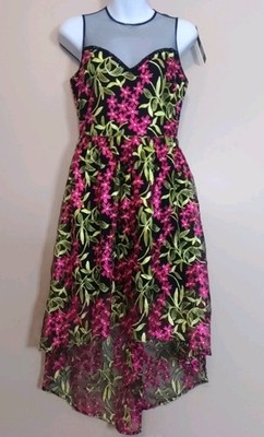 The Clothing Company Black Green Pink Floral Embroidery Lined Hi Lo Dress Size M