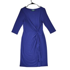 Lauren Ralph Lauren Midi Dress 8 Women Royal Blue Knot Ruffle Front 3/4 Sleeve