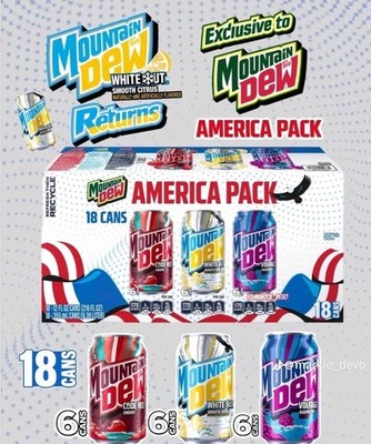 NEW LTD ED - MOUNTAIN DEW- AMERICA PACK  18-12OZ CANS VARIETY PK INCL. WHITE OUT