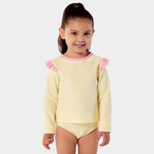 RuffleButts Toddler Girls' Seersucker Long Sleeve 2pc Rash Guard Set - Yellow