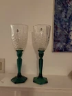 Set of 2 Fenton Sea Mist Green Glass Large Candlesticks w/ Clear Toppers