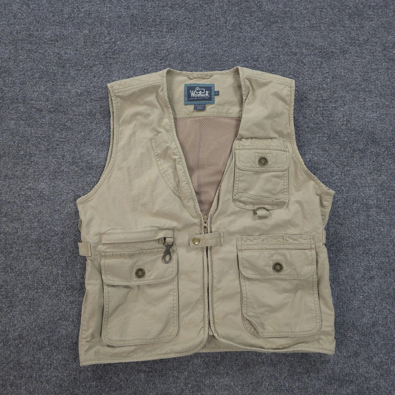 Vintage Woolrich Vest Mens Small Khaki Utility Outdoors Fishing Safari Pockets