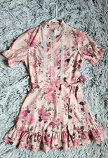 Women's SHEIN Pink Floral Short Sleeved Easter / Tea Party Dress with Bow Sz S