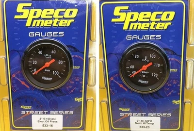 Mechanical oil pressure + water temp gauges 0-100Psi 40-120C Speco 52mm 2" black - Image 1 of 4