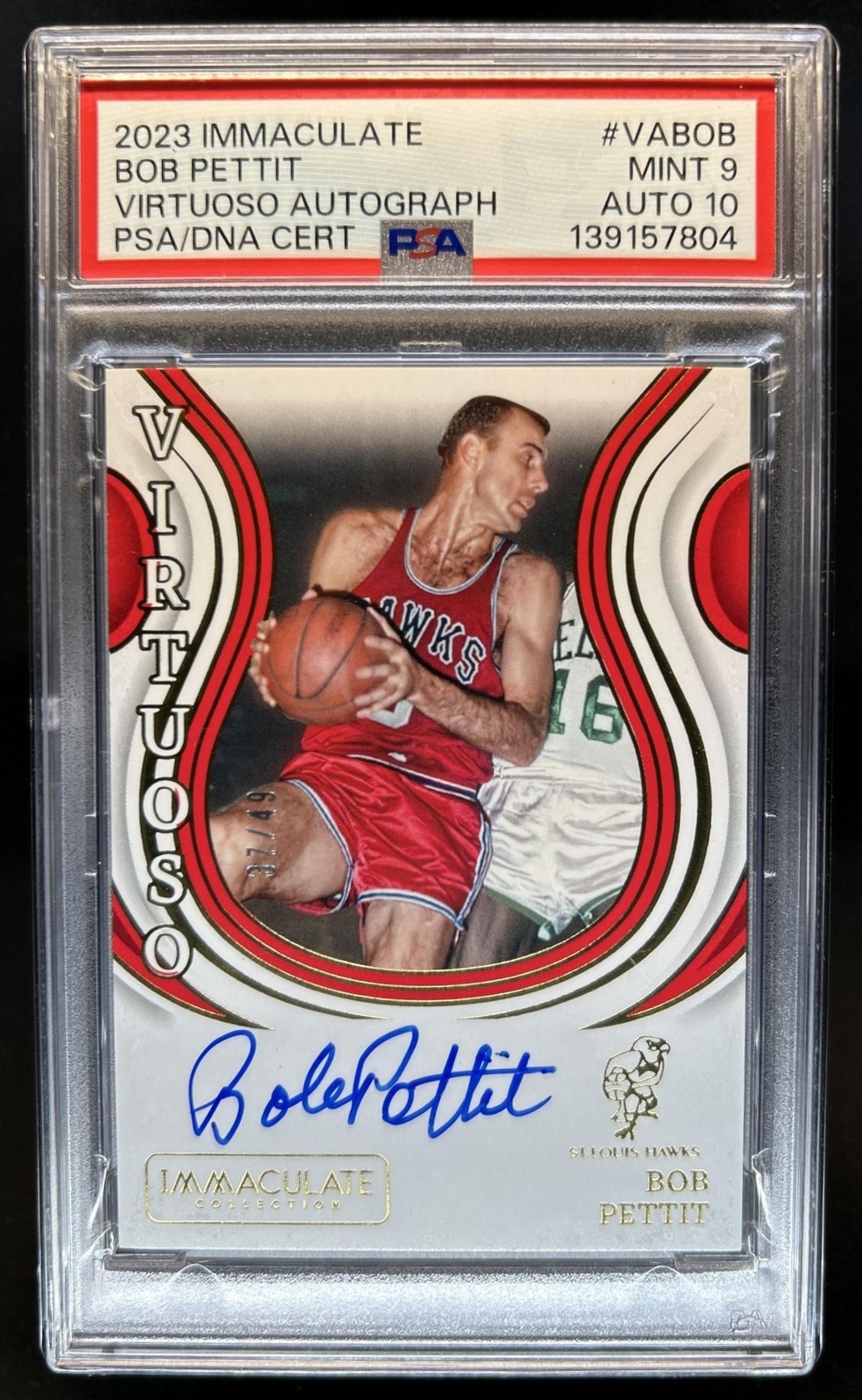 2023-24 Panini Immaculate Bob Pettit Virtuoso Auto Autograph #/49 PSA 9 10