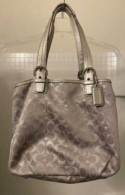 Coach Signature Soho Tote Shoulder Handbag Metallic Silver Purse 3