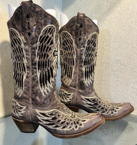 Corral Women's Cowboy Boot Size 7.5 Sequins Wings/Cross Distressed Brown Leather