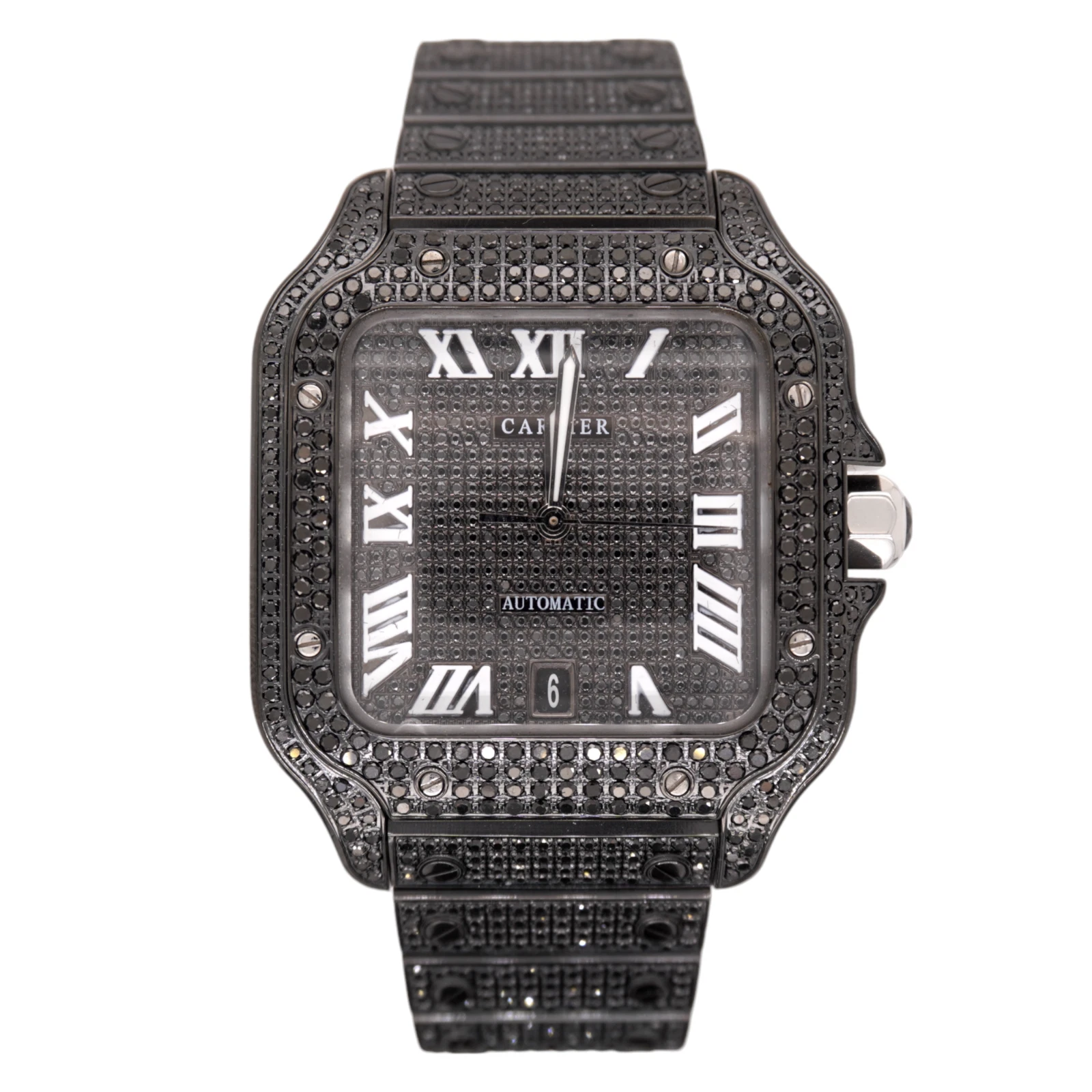 Cartier — Cartier Men's Santos Large 40mm Steel Watch Black PVD 11ct Diamonds Roman Dial