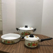 Vintage Spice Of Life Enamel Cookware Pots Pans Lids Cornucopia 5 Piece Lot