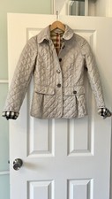 Burberry Brit London Light Grey Diamond Quilted Jacket Check Lining Xs