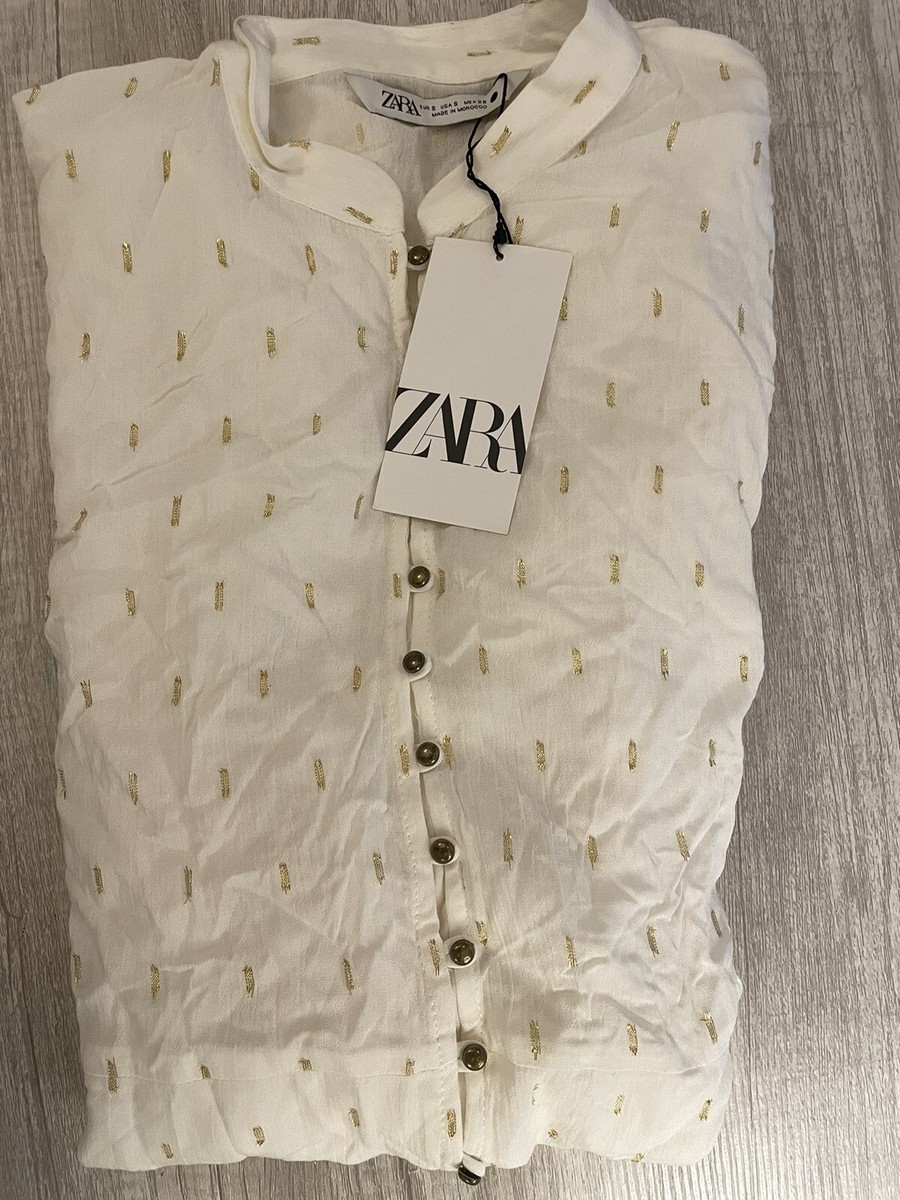 Zara White & Gold Metallic Thread Long Sleeve Button Up Mini Dress Size S |  eBay