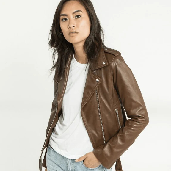 Women Casual Zip Up 100% Original Leather Jacket Biker Coat