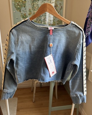 Kappa womens Blue Denim Taped Sleeves Big Logo Cropped Top  Sweatshirt size S