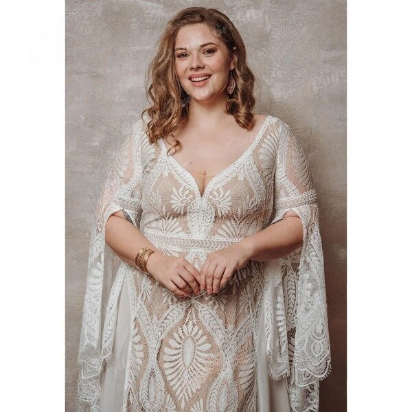 sachin and babi light blue dress Customized Long Sleeves Plus Size Boho Lace Flowy Beach Wedding Dress