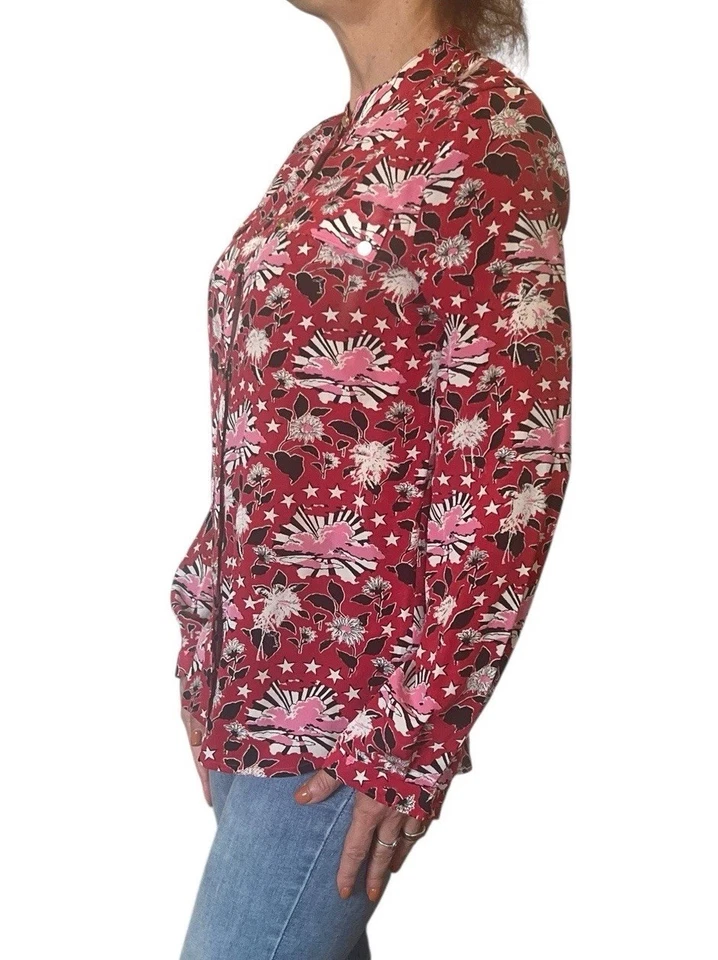 Blusa JUICY COUTURE Roja Seda Boho Camisa Estampado Floral Utilitaria Manga Larga 2 Foto 3 de 4