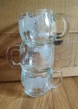 Nestle - Set of 3 Etched Map of World Nescafe Glass Promotional Mugs Cups-1970's