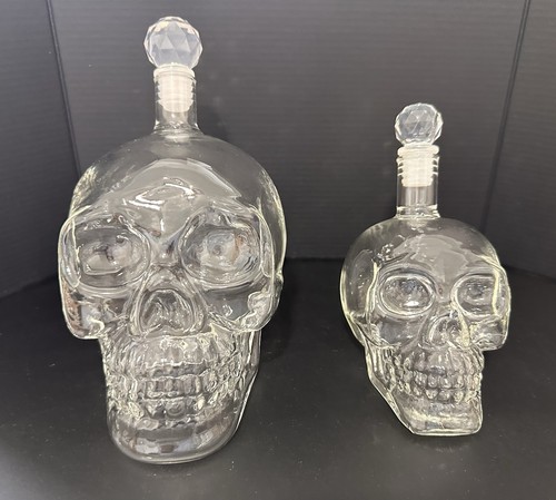 Set of 2 Glass Skull Decanters Clear w/ Stoppers UNUSED Gothic Barware