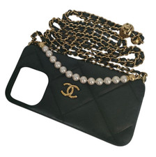 Chanel iPhone 15 Pro Caviar Black Case with Pearl Chain Strap from Japan Used