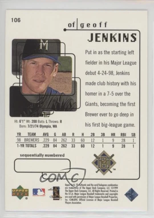 1999 SP Authentic Future Watch Missing Serial Number Geoff Jenkins #106 - Image 2 of 2
