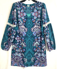 Pink Owl Women's Small Teal Lightweight Lined Dress Floral V Neck LS Boho