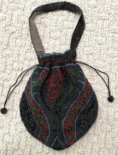 Antique Glass Beaded Drawstring Reticule Bag Pouch Black Red Green Evening VTG