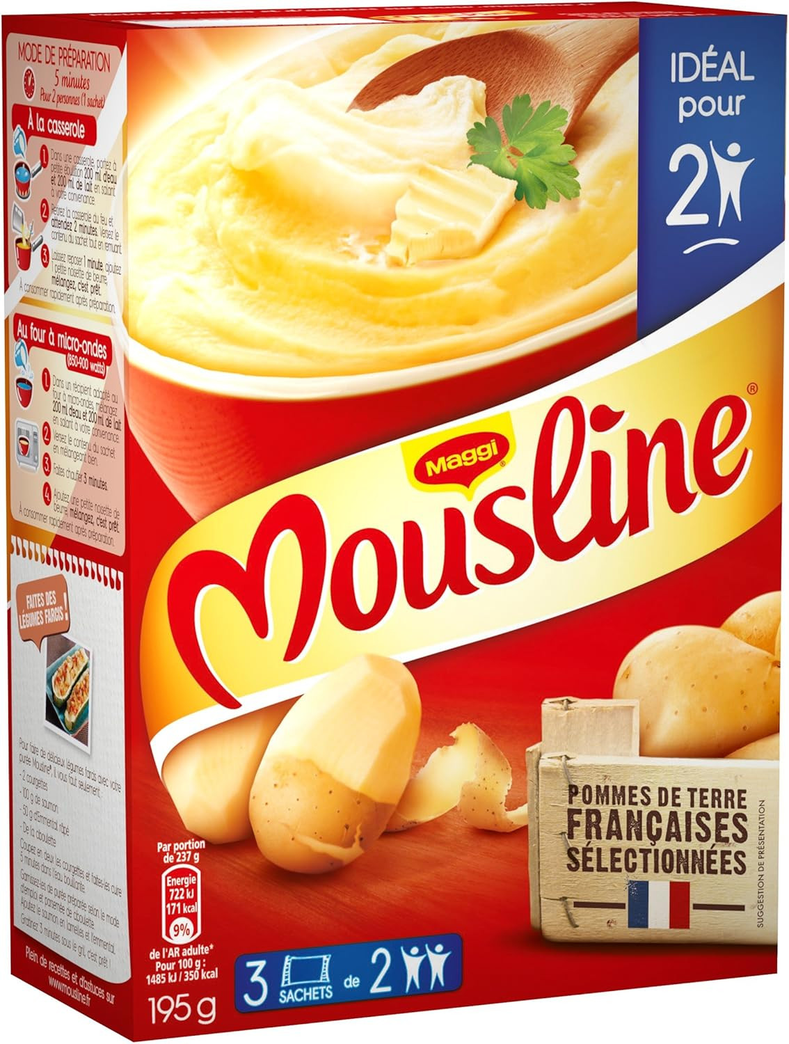 Purée de pomme de terre nature en sachets de 195g, lot familial de 4 boîtes pour repas express