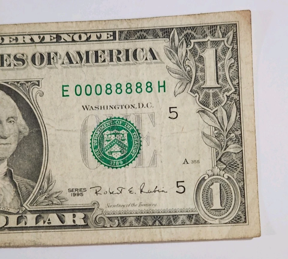 1995 Un dólar elegante número de serie 3 ceros y 5 ocho seguidos. Circulado Foto 3 de 4