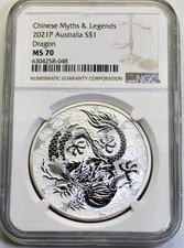 2021P Australia S$1 Chinese Myths & Legends ~Dragon 1Oz .9999 MS70 NGC