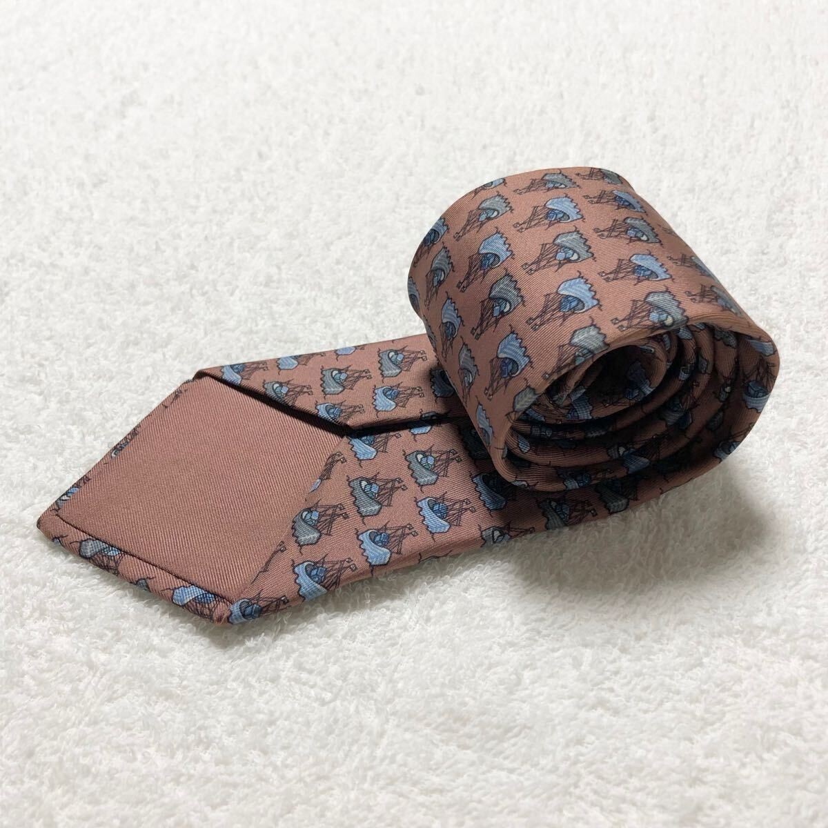 HERMES Tie Ship 100 Silk Made in France Azuki Color Business thumbnail 3