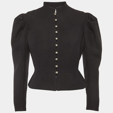Christian Dior Black Wool Blend Crepe Cropped Puffed Sleeve Blazer M