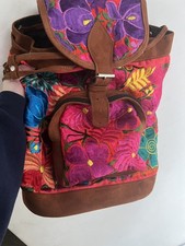 Vtg Suede Embroidered Backpack Floral Guatemala