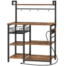 Bakers Rack with Power Outlet, 35.4 Inches Coffee Bar with Mesh Basket, Micro...
