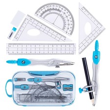 Math Geometry Kit Set 10 Pieces with Shatterproof Storage Box, Student Blue