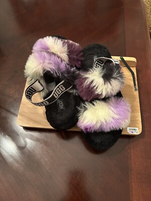 UGG Women's Fluff Yeah Tie Dye Black Pink Casual Slide Slipper