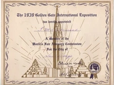 1939 GGIE World' Fair Graphic Certificate for World's Fair Advisory Commission