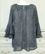 Chaps Navy Blue Floral Georgette Bell Sleeve Keyhole Tunic Peasant Blouse Large