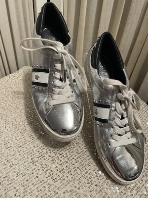 Michael Kors Frankie Stripe Sneakers Silver Metallic Leather 7.5