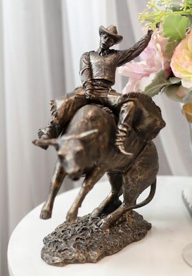Old World Rustic Western Cowboy Riding A Rearing Angry Bull Rodeo Statue 10''H