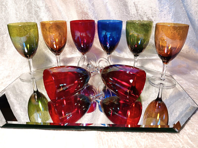 8 Dark Iridescent Wine Glasses Goblets Marshall Fields Leonard Florence Set