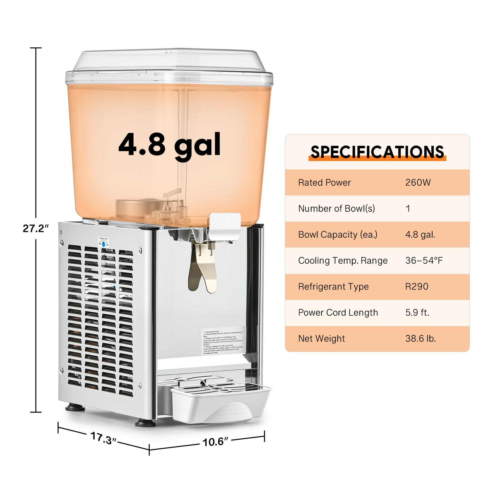 18L Commercial Juice Dispenser 4.8 Gallon Cold Beverage Drink Dispenser Machine