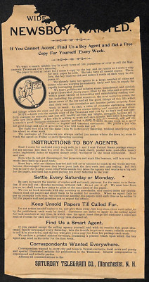 Saturday Telegram Manchester, NH ''Newsboy Wanted'' c1900 Broadside Flyer